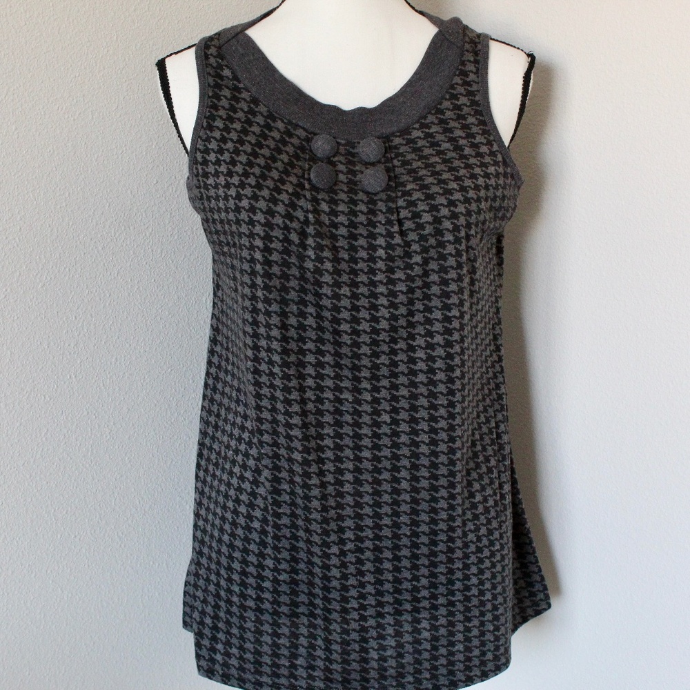 Vintage Black & Gray Houndstooth Button Detail Sleevless Longline Tank Top